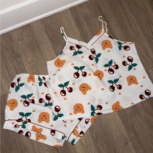 SHEIN White Pajama Set with Bear and Cherry Print
